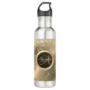 Glittery Giraffes on Glitzy Gold  Monogram Stainless Steel Water Bottle