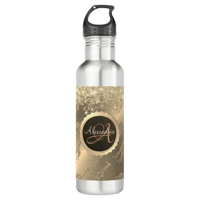 Glittery Giraffes on Glitzy Gold  Monogram Stainless Steel Water Bottle (Front)