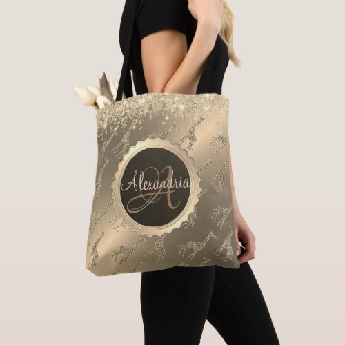 Glittery Giraffes on Glitzy Gold Monogram Tote Bag