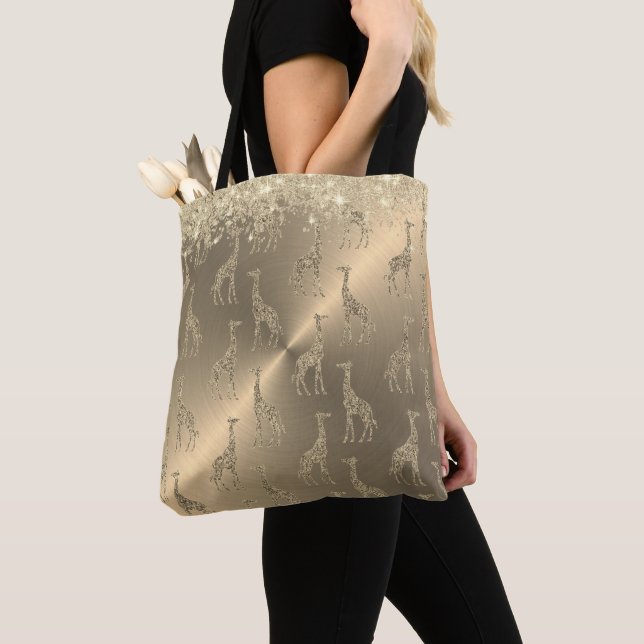 Glittery Giraffes on Glitzy Gold Tote Bag (Close Up)