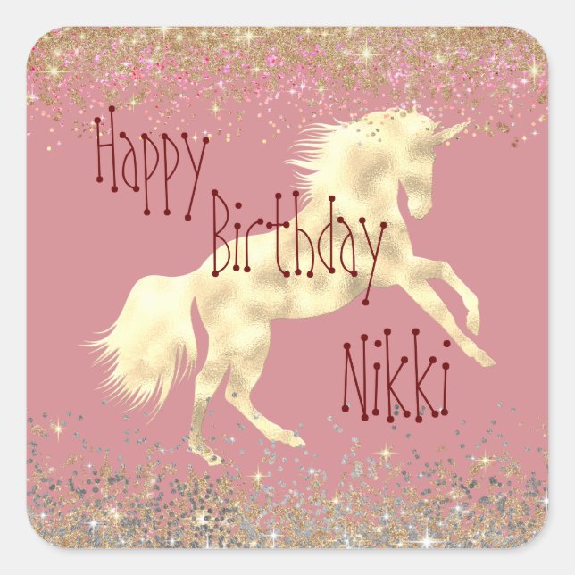 Glittery Glam Gold Unicorn Personalized Square Sticker (Front)