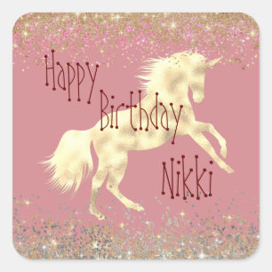 Glittery Glam Gold Unicorn Personalized Square Sticker