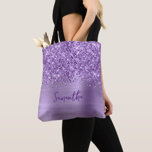 Glittery Glam Royal Purple Name Tote Bag