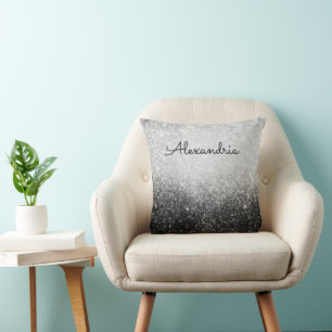 Glittery Glam Silver and Black Personalized Throw Pillow