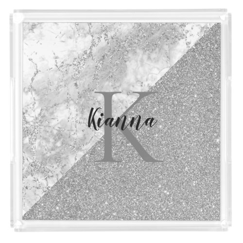 Glittery Glam Silver Marble Monogram  Acrylic Tray