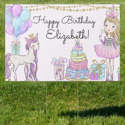 Glittery Glamorous Girl Unicorn Birthday Yard Sign