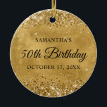 Glittery Gold 50th Birthday Ceramic Ornament<br><div class="desc">Create your own 50th birthday circle ornament for your mother. You can customize the block text or calligraphy wording or font style. The digital art background features a faux gold glitter and golden foil. On the backside, you can add a family photo if you'd like. Elegant milestone birthday ornament for...</div>