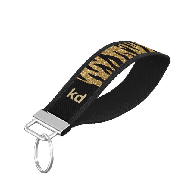 Glittery Gold Abstract Zebra Pattern Monogram Wrist Keychain (Angled Down)