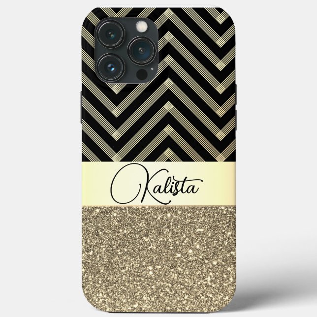 Glittery Gold and Black Chevron Personalized Case-Mate iPhone Case (Back)