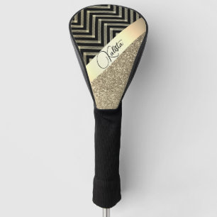 Glittery Gold and Black Chevron Personalized Golf Head Cover