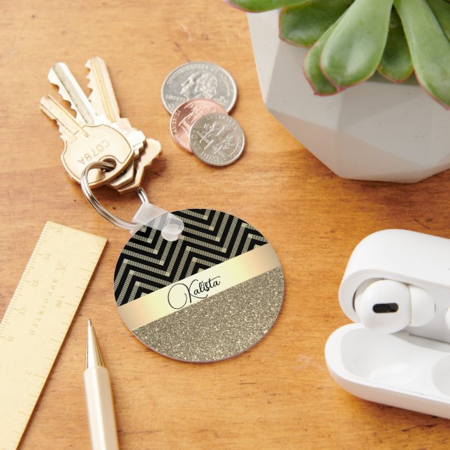 Glittery Gold and Black Chevron Personalized Keychain (Desk)