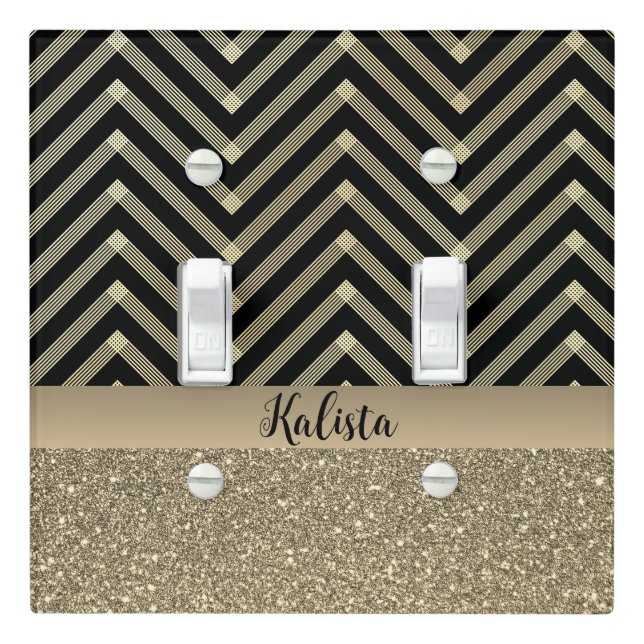 Glittery Gold and Black Chevron Personalized Light Switch Cover (In Situ)