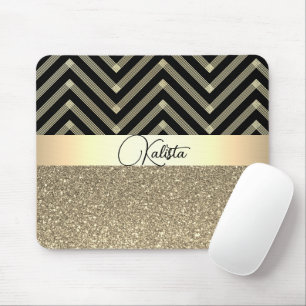 Glittery Gold and Black Chevron Personalized Mouse Pad