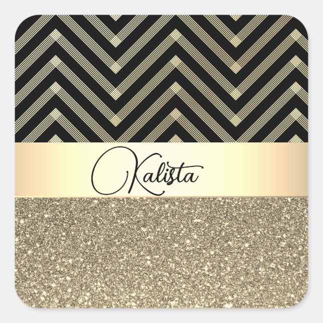 Glittery Gold and Black Chevron  Personalized Square Sticker (Front)