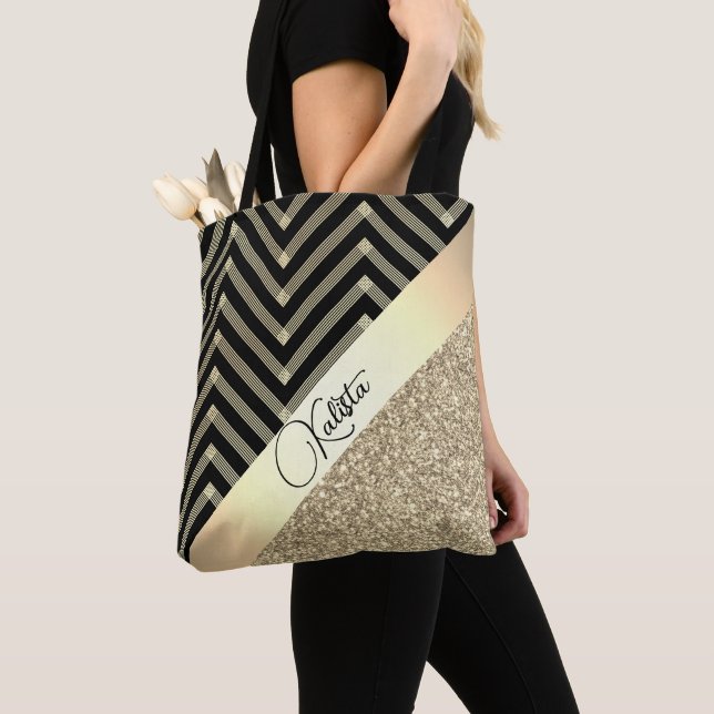 Glittery Gold and Black Chevron Personalized Tote Bag (Close Up)