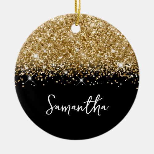 Glittery Gold and Black Glam Name Photo Ceramic Ornament