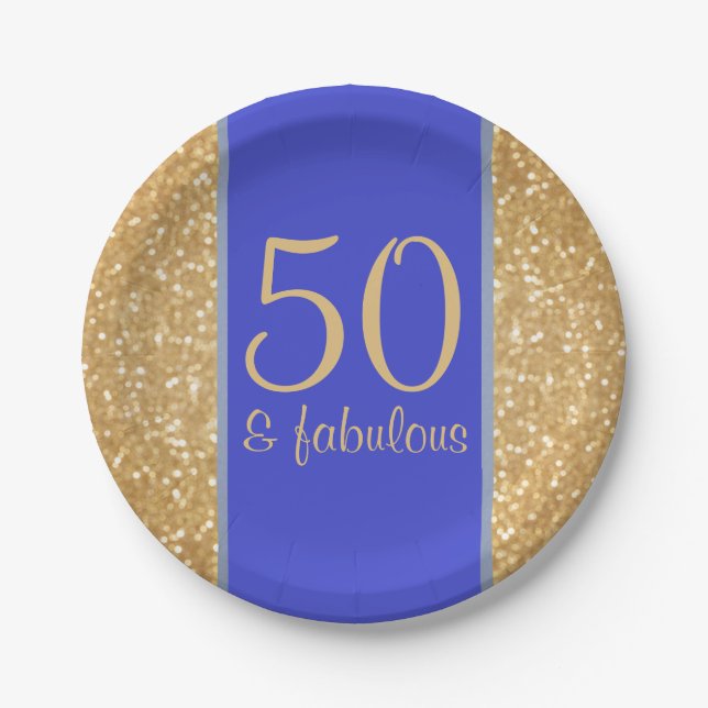 Glittery Gold and Blue 50 & Fabulous 50th Birthday Paper Plates (Front)