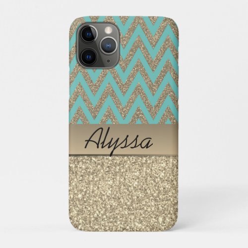 Glittery Gold and Blue Chevron iPhone 11 Pro Case