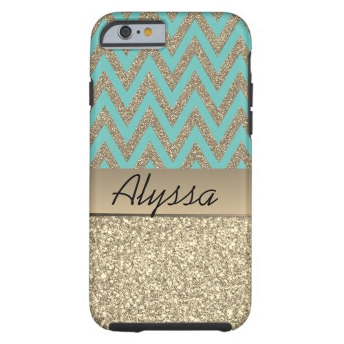 Glittery Gold and Blue Chevron Personalized  Tough iPhone 6 Case