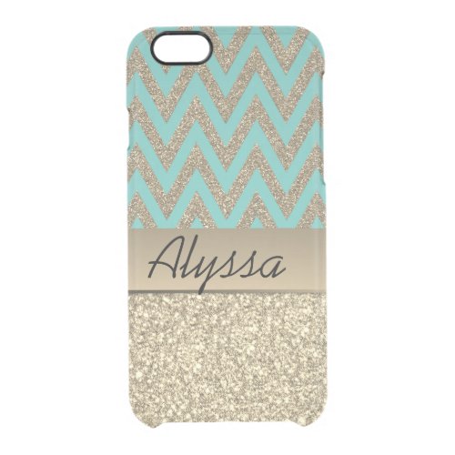 Glittery Gold and Blue Chevron Personalized Clear iPhone 66S Case