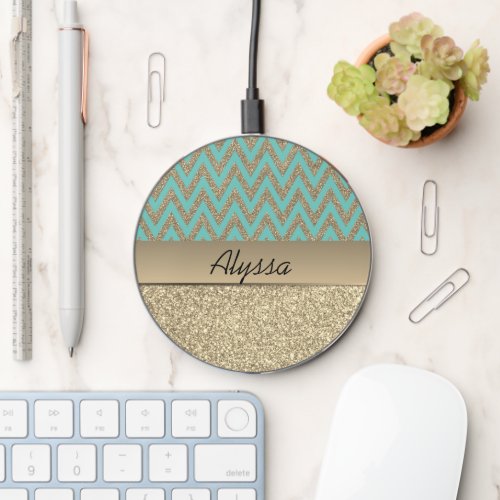 Glittery Gold and Blue Chevron  Wireless Charger