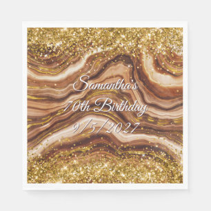 Glittery Gold and Brown Agate 70th Birthday Napkins