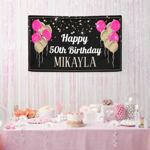Glittery Gold and Pink Happy Birthday Banner