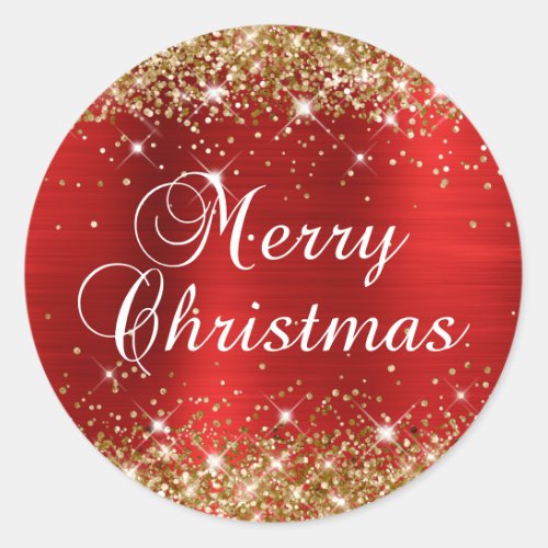 Glittery Gold and Red Foil Merry Christmas Classic Round Sticker