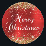 Glittery Gold and Red Foil Merry Christmas Classic Round Sticker<br><div class="desc">Fancy calligraphy Merry Christmas envelope seal stickers for your special holiday greetings or invite.
Girly faux sparkly gold glitter on the top and bottom edge over a faux red brushed metal style ombre foil.
The color of the old-fashioned text graphic can be changed.</div>