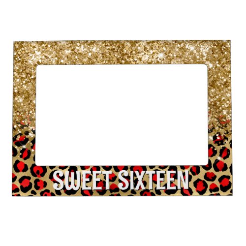 Glittery Gold and Red Leopard Glam Sweet Sixteen Magnetic Frame