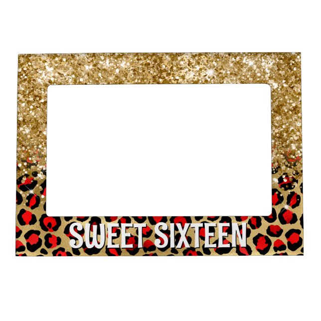 Glittery Gold and Red Leopard Glam Sweet Sixteen Magnetic Frame (Front)