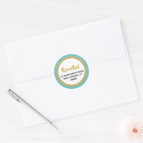Glittery Gold and Teal Address Classic Round Sticker