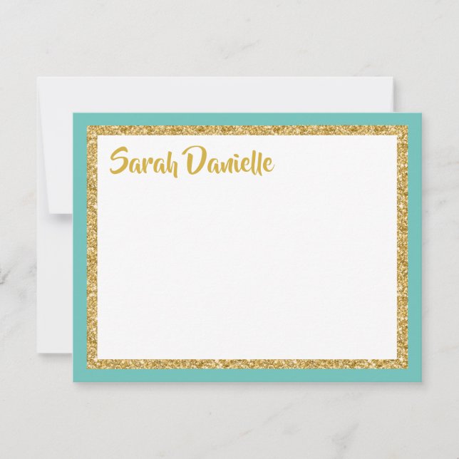 Glittery Gold and Teal Thank You Flat Card (Front)