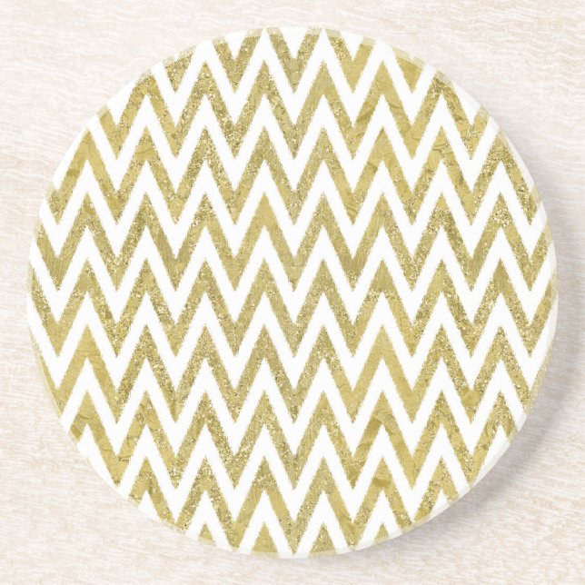 Glittery Gold and White Chevron Stripes Drink Coaster (Front)