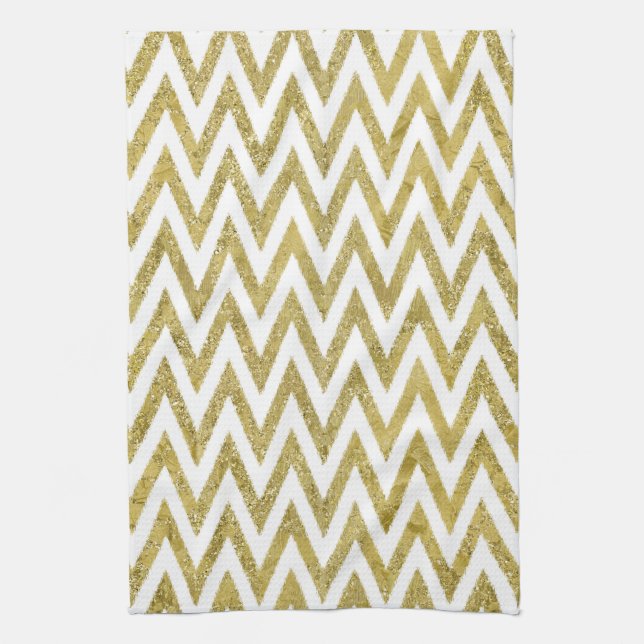 Glittery Gold and White Chevron Stripes Kitchen Towel (Vertical)