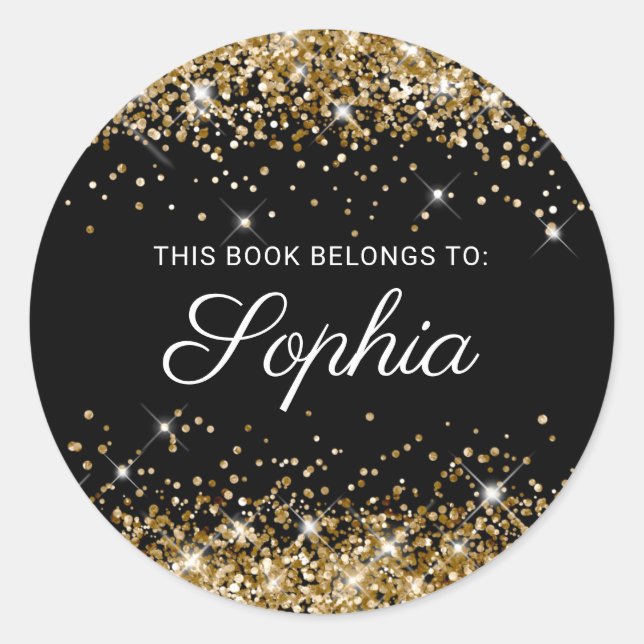 Glittery Gold Black Elegant Calligraphy Book Classic Round Sticker (Front)