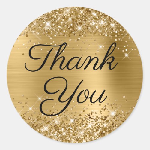 Glittery Gold Black Elegant Calligraphy Thank You Classic Round Sticker