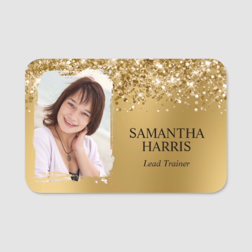 Glittery Gold Blur Brushstroke Photo Name Tag
