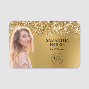 Glittery Gold Blur Cutout Photo and Logo Name Tag