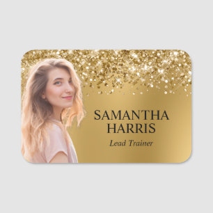Glittery Gold Blur Cutout Photo Name Tag