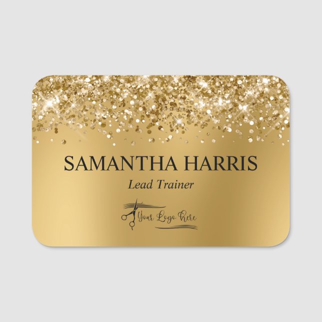 Glittery Gold Blur Rectangle Logo Name Tag (Front)