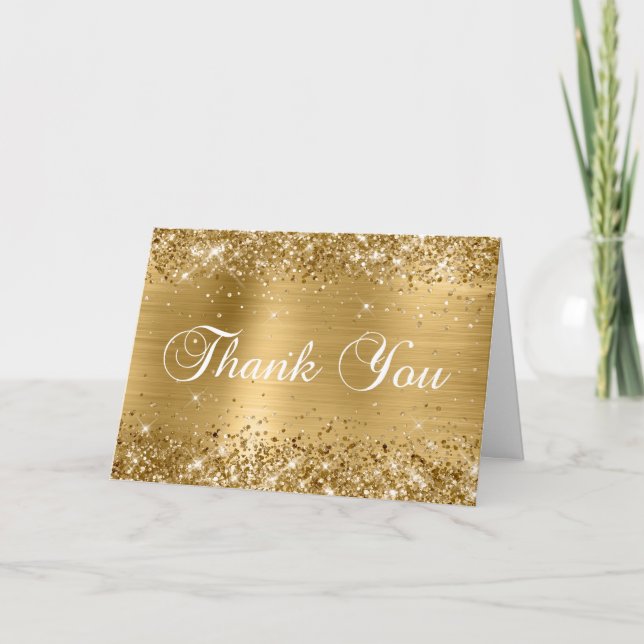 Glittery Gold Brushed Foil Classic Script Letterpress Thank You Card (Front)