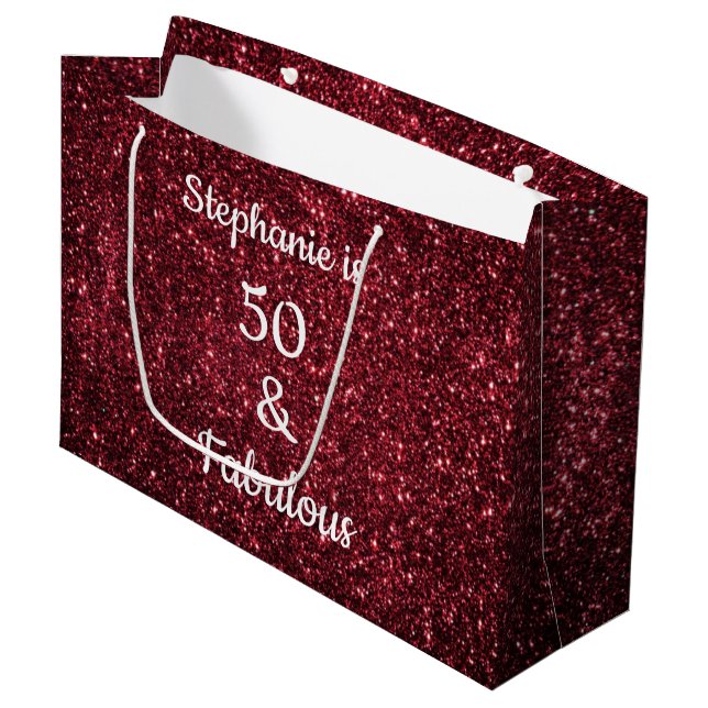 Glittery Gold Burgundy Red Fabulous 50 Birthday Large Gift Bag (Front Angled)