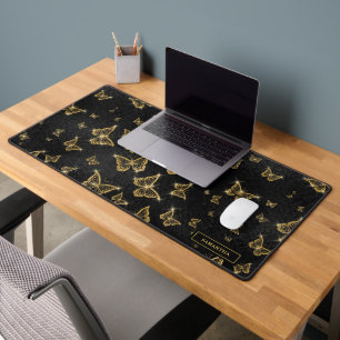 Glittery Gold Butterflies Pattern Custom Monogram Desk Mat
