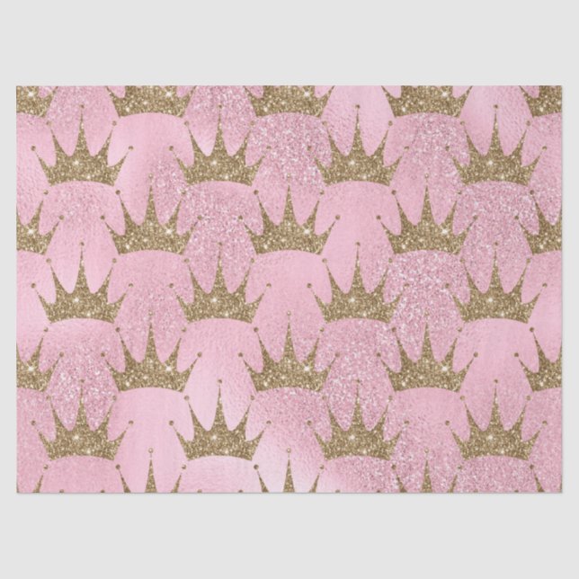 Glittery Gold Crowns on Pink Glitter Decoupage Tissue Paper (Front)