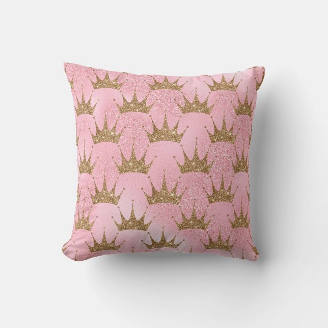 Glittery Gold Crowns on Pink Glitter Throw Pillow (Front)