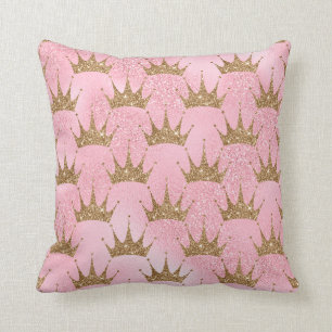 Glittery Gold Crowns on Pink Glitter Throw Pillow