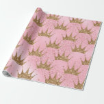 Glittery Gold Crowns on Pink Glitter Wrapping Paper