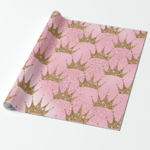 Glittery Gold Crowns on Pink Glitter Wrapping Paper