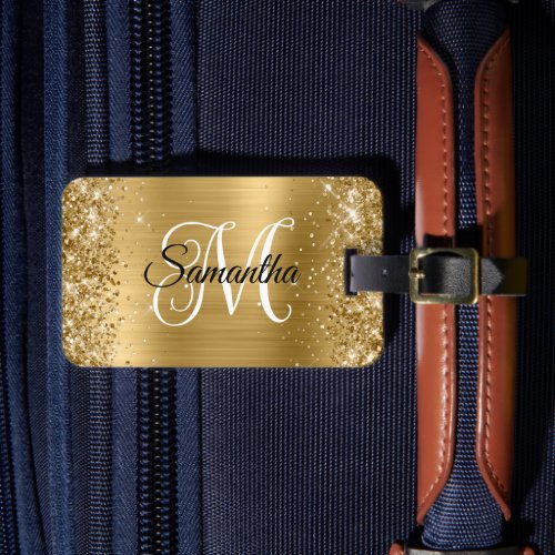 Glittery Gold Curly Monogram Luggage Tag
